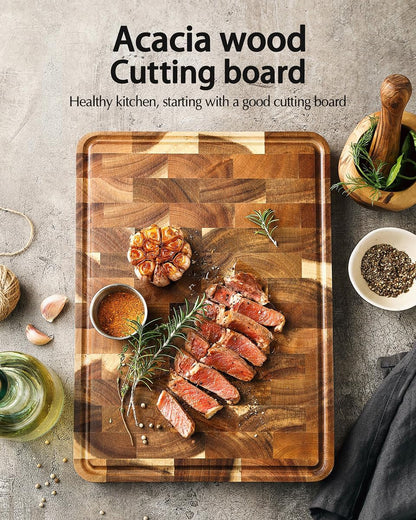 Ash Wood Cutting Board, End Grain Butcher Block for Kitchen, 13.8" x 9.8" x 1", Thick Wooden Chopping Board with Juice Groove, Non-Slip Feet & Side Handles