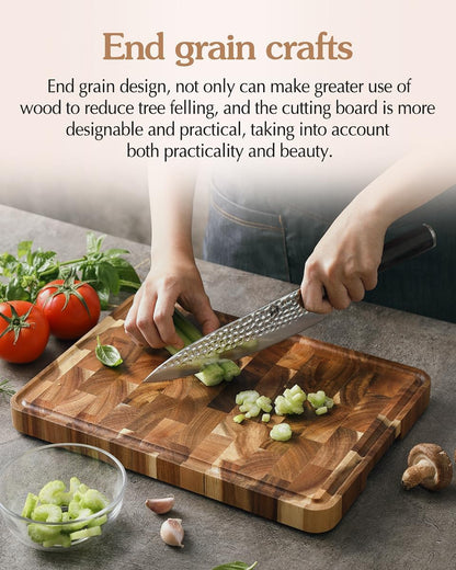 Ash Wood Cutting Board, End Grain Butcher Block for Kitchen, 13.8" x 9.8" x 1", Thick Wooden Chopping Board with Juice Groove, Non-Slip Feet & Side Handles