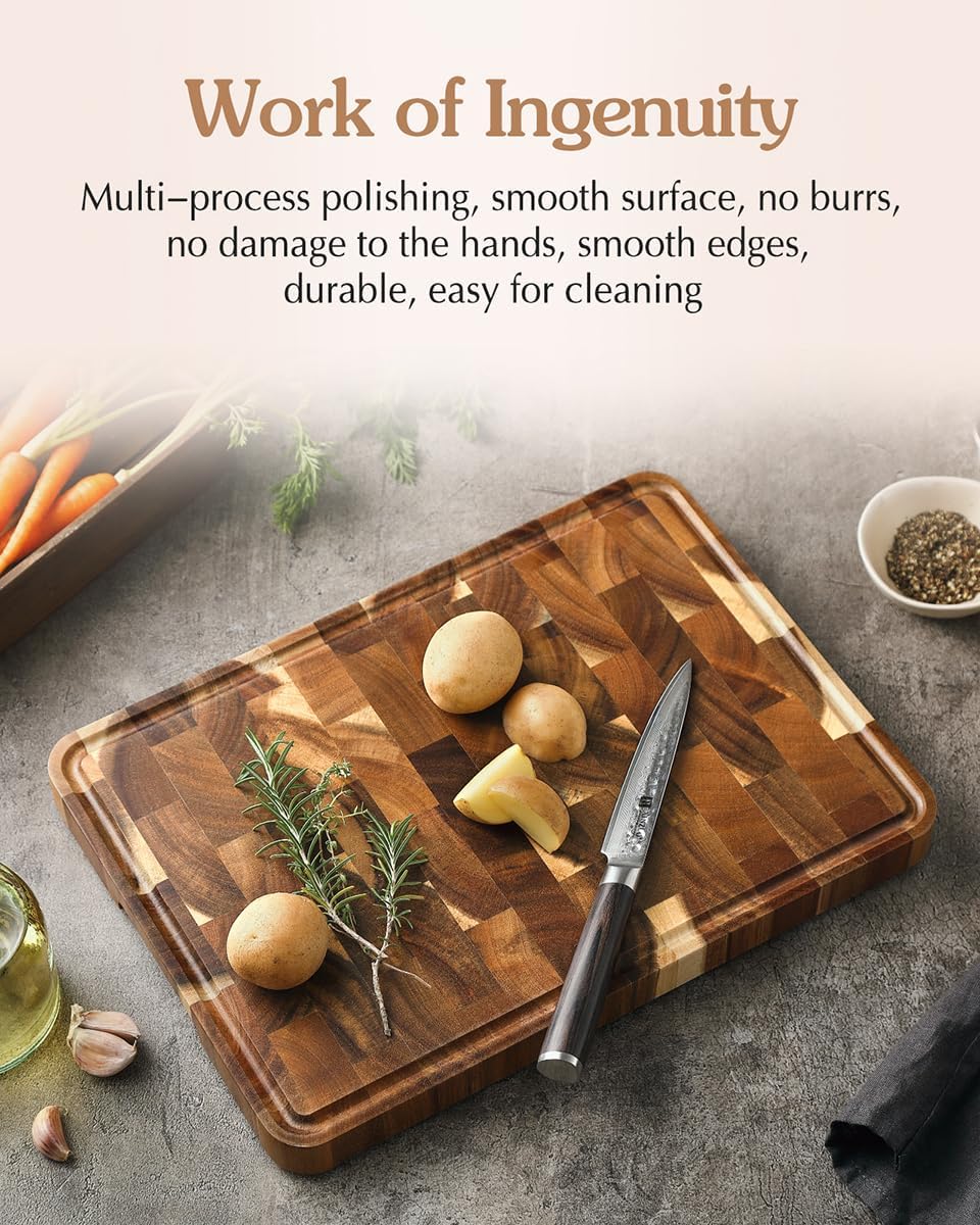 Ash Wood Cutting Board, End Grain Butcher Block for Kitchen, 13.8" x 9.8" x 1", Thick Wooden Chopping Board with Juice Groove, Non-Slip Feet & Side Handles