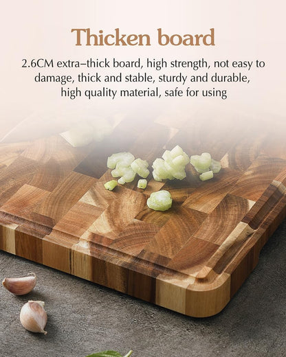 Ash Wood Cutting Board, End Grain Butcher Block for Kitchen, 13.8" x 9.8" x 1", Thick Wooden Chopping Board with Juice Groove, Non-Slip Feet & Side Handles