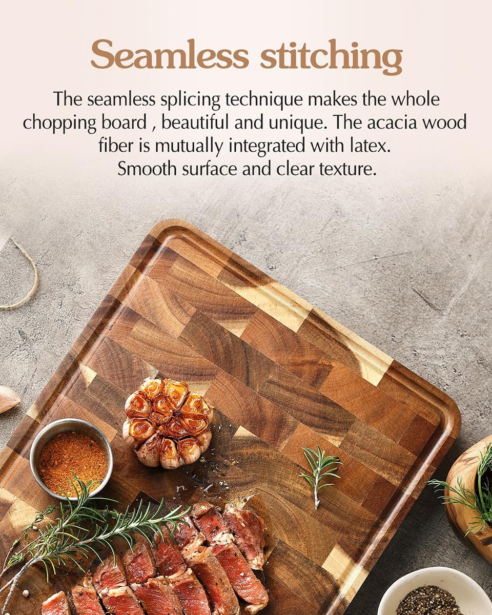 Ash Wood Cutting Board, End Grain Butcher Block for Kitchen, 13.8" x 9.8" x 1", Thick Wooden Chopping Board with Juice Groove, Non-Slip Feet & Side Handles