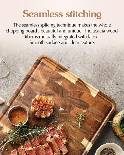 Ash Wood Cutting Board, End Grain Butcher Block for Kitchen, 13.8" x 9.8" x 1", Thick Wooden Chopping Board with Juice Groove, Non-Slip Feet & Side Handles