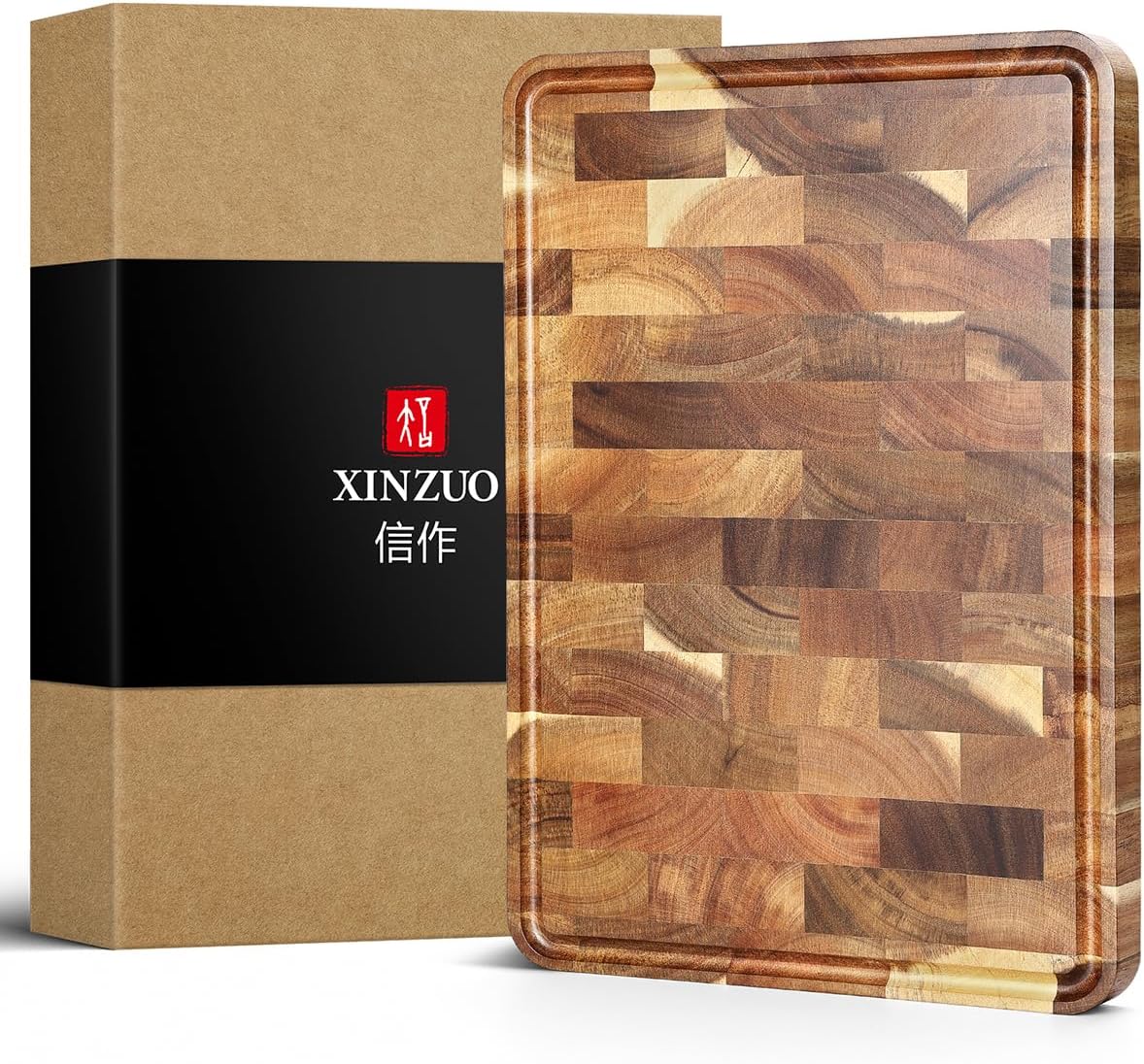 Ash Wood Cutting Board, End Grain Butcher Block for Kitchen, 13.8" x 9.8" x 1", Thick Wooden Chopping Board with Juice Groove, Non-Slip Feet & Side Handles