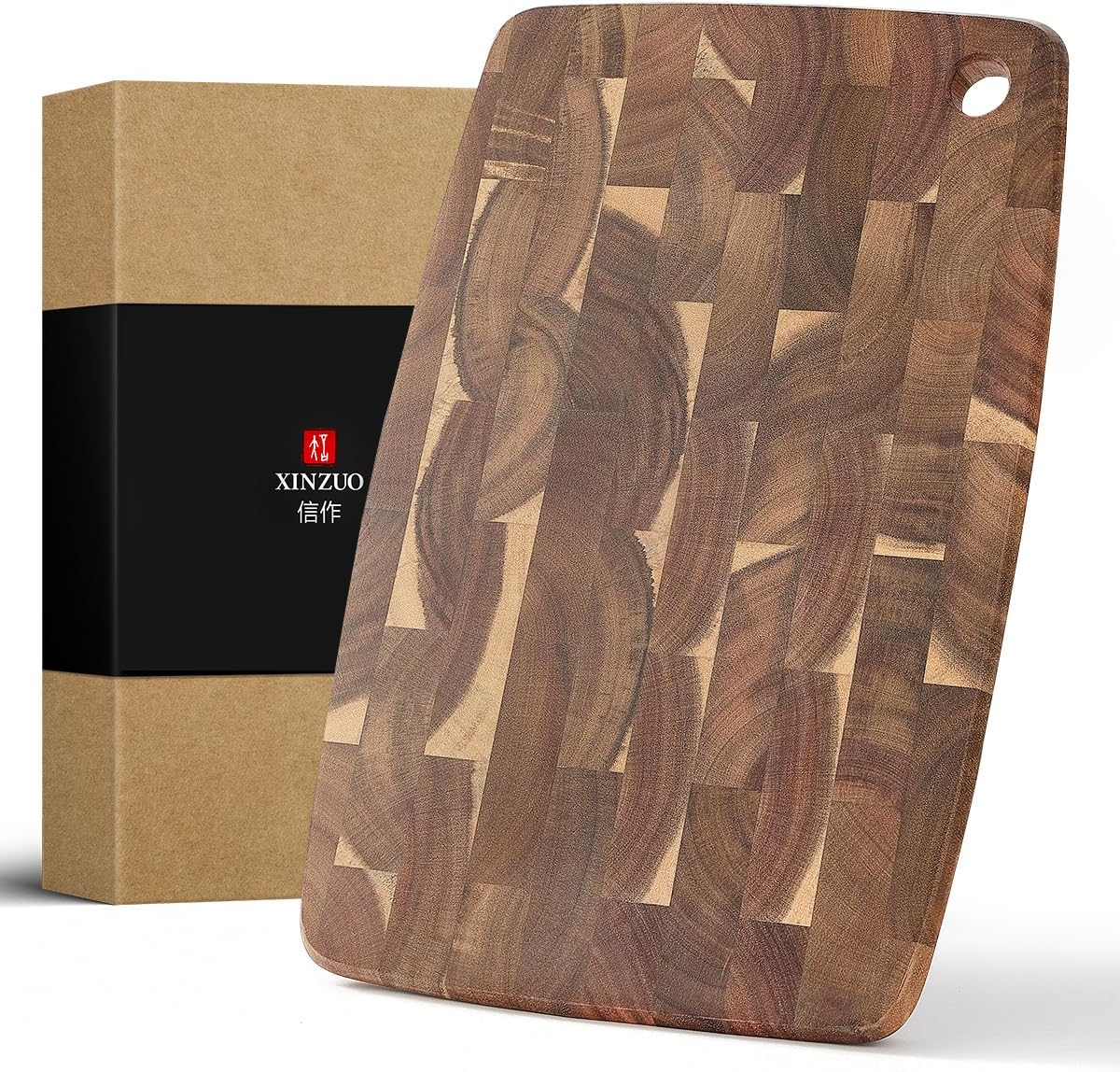 Ash Wood Cutting Board, End Grain Butcher Block for Kitchen, 13.8" x 9.8" x 1", Thick Wooden Chopping Board with Juice Groove, Non-Slip Feet & Side Handles