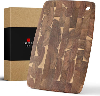 Ash Wood Cutting Board, End Grain Butcher Block for Kitchen, 13.8" x 9.8" x 1", Thick Wooden Chopping Board with Juice Groove, Non-Slip Feet & Side Handles