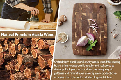 Ash Wood Cutting Board, End Grain Butcher Block for Kitchen, 13.8" x 9.8" x 1", Thick Wooden Chopping Board with Juice Groove, Non-Slip Feet & Side Handles