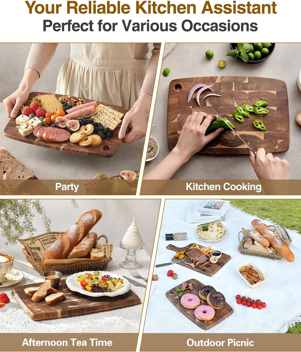 Ash Wood Cutting Board, End Grain Butcher Block for Kitchen, 13.8" x 9.8" x 1", Thick Wooden Chopping Board with Juice Groove, Non-Slip Feet & Side Handles