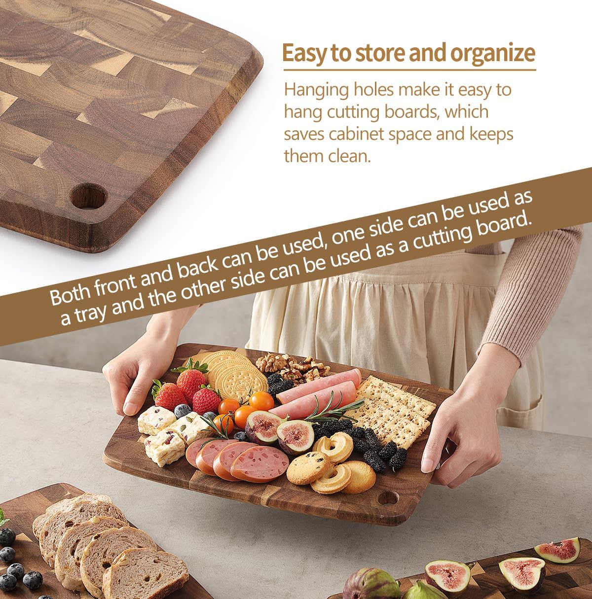 Ash Wood Cutting Board, End Grain Butcher Block for Kitchen, 13.8" x 9.8" x 1", Thick Wooden Chopping Board with Juice Groove, Non-Slip Feet & Side Handles