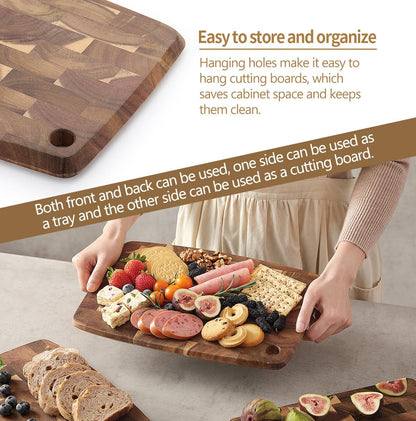 Ash Wood Cutting Board, End Grain Butcher Block for Kitchen, 13.8" x 9.8" x 1", Thick Wooden Chopping Board with Juice Groove, Non-Slip Feet & Side Handles
