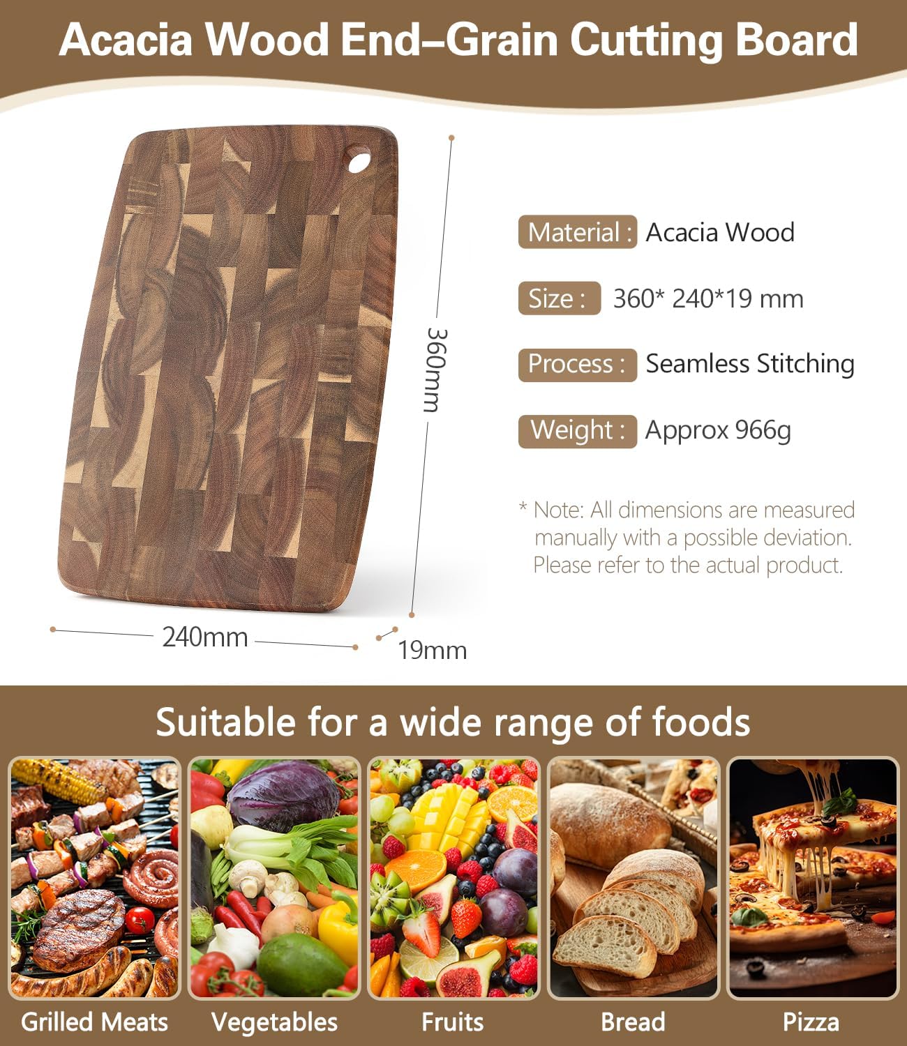 Ash Wood Cutting Board, End Grain Butcher Block for Kitchen, 13.8" x 9.8" x 1", Thick Wooden Chopping Board with Juice Groove, Non-Slip Feet & Side Handles