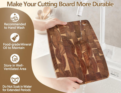 Ash Wood Cutting Board, End Grain Butcher Block for Kitchen, 13.8" x 9.8" x 1", Thick Wooden Chopping Board with Juice Groove, Non-Slip Feet & Side Handles