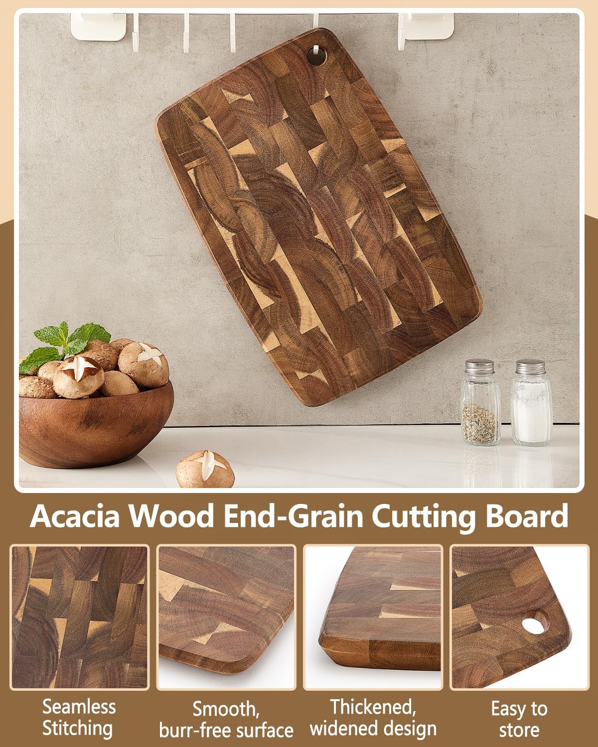 Ash Wood Cutting Board, End Grain Butcher Block for Kitchen, 13.8" x 9.8" x 1", Thick Wooden Chopping Board with Juice Groove, Non-Slip Feet & Side Handles