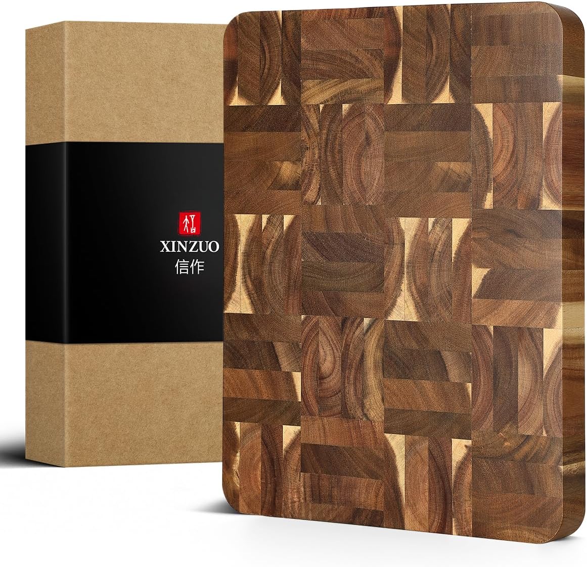 Ash Wood Cutting Board, End Grain Butcher Block for Kitchen, 13.8" x 9.8" x 1", Thick Wooden Chopping Board with Juice Groove, Non-Slip Feet & Side Handles