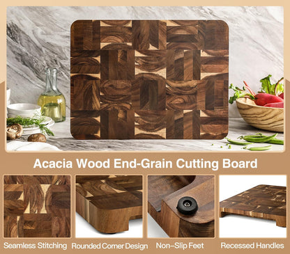Ash Wood Cutting Board, End Grain Butcher Block for Kitchen, 13.8" x 9.8" x 1", Thick Wooden Chopping Board with Juice Groove, Non-Slip Feet & Side Handles