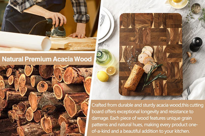 Ash Wood Cutting Board, End Grain Butcher Block for Kitchen, 13.8" x 9.8" x 1", Thick Wooden Chopping Board with Juice Groove, Non-Slip Feet & Side Handles