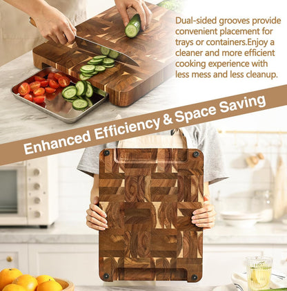Ash Wood Cutting Board, End Grain Butcher Block for Kitchen, 13.8" x 9.8" x 1", Thick Wooden Chopping Board with Juice Groove, Non-Slip Feet & Side Handles