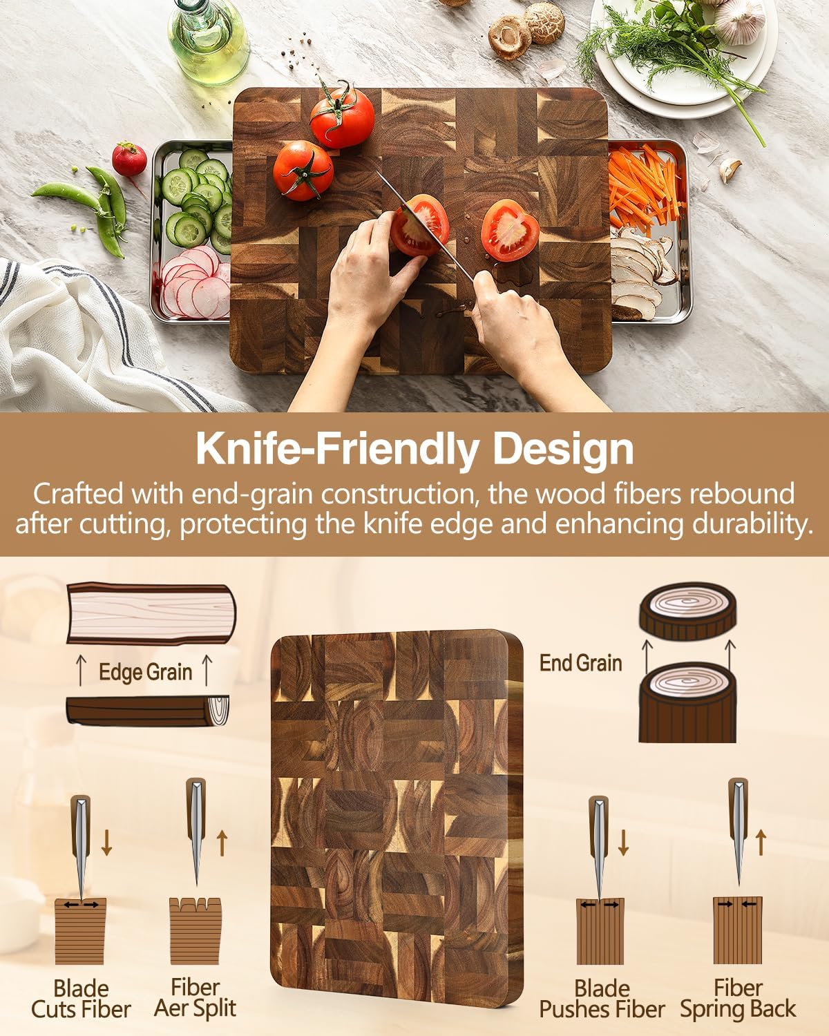 Ash Wood Cutting Board, End Grain Butcher Block for Kitchen, 13.8" x 9.8" x 1", Thick Wooden Chopping Board with Juice Groove, Non-Slip Feet & Side Handles