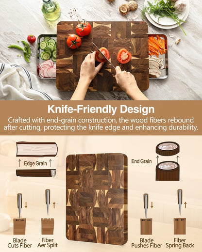 Ash Wood Cutting Board, End Grain Butcher Block for Kitchen, 13.8" x 9.8" x 1", Thick Wooden Chopping Board with Juice Groove, Non-Slip Feet & Side Handles