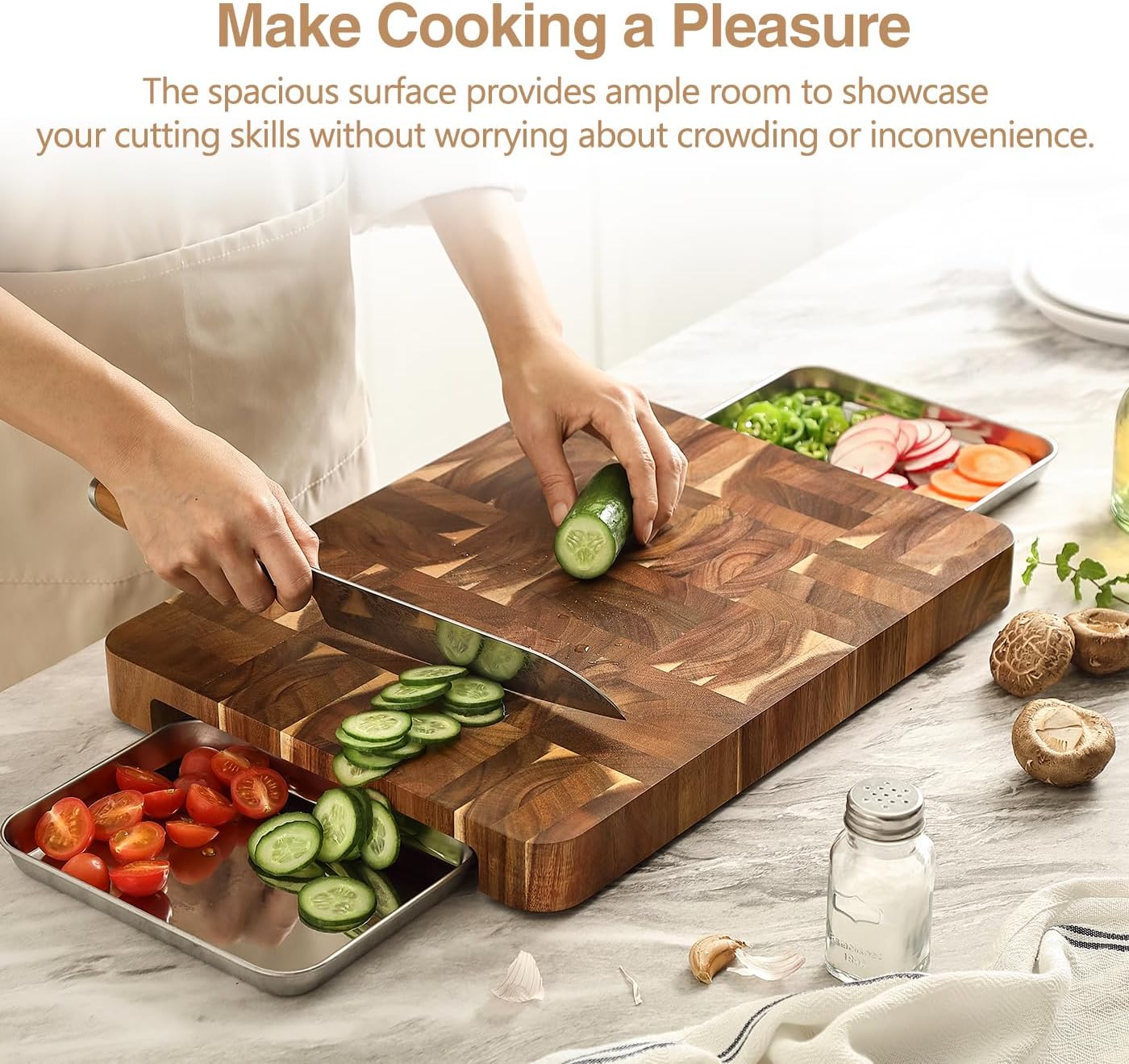Ash Wood Cutting Board, End Grain Butcher Block for Kitchen, 13.8" x 9.8" x 1", Thick Wooden Chopping Board with Juice Groove, Non-Slip Feet & Side Handles