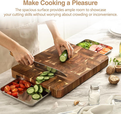 Ash Wood Cutting Board, End Grain Butcher Block for Kitchen, 13.8" x 9.8" x 1", Thick Wooden Chopping Board with Juice Groove, Non-Slip Feet & Side Handles