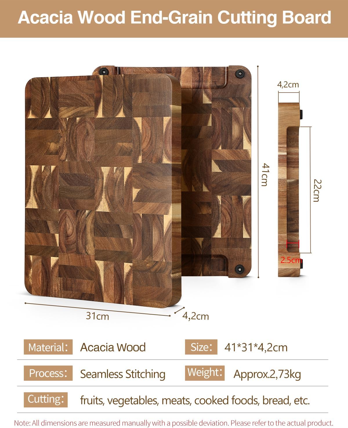 Ash Wood Cutting Board, End Grain Butcher Block for Kitchen, 13.8" x 9.8" x 1", Thick Wooden Chopping Board with Juice Groove, Non-Slip Feet & Side Handles