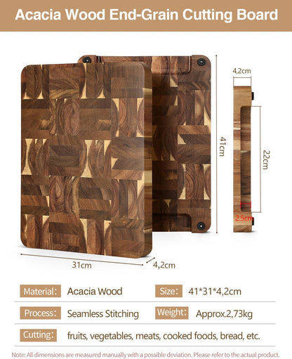 Ash Wood Cutting Board, End Grain Butcher Block for Kitchen, 13.8" x 9.8" x 1", Thick Wooden Chopping Board with Juice Groove, Non-Slip Feet & Side Handles