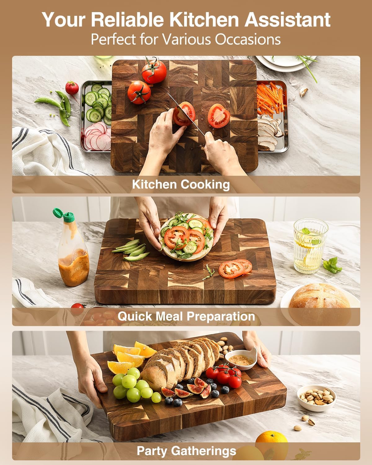 Ash Wood Cutting Board, End Grain Butcher Block for Kitchen, 13.8" x 9.8" x 1", Thick Wooden Chopping Board with Juice Groove, Non-Slip Feet & Side Handles