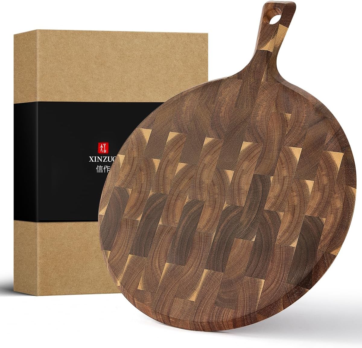 Ash Wood Cutting Board, End Grain Butcher Block for Kitchen, 13.8" x 9.8" x 1", Thick Wooden Chopping Board with Juice Groove, Non-Slip Feet & Side Handles