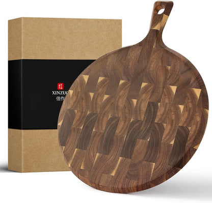 Ash Wood Cutting Board, End Grain Butcher Block for Kitchen, 13.8" x 9.8" x 1", Thick Wooden Chopping Board with Juice Groove, Non-Slip Feet & Side Handles