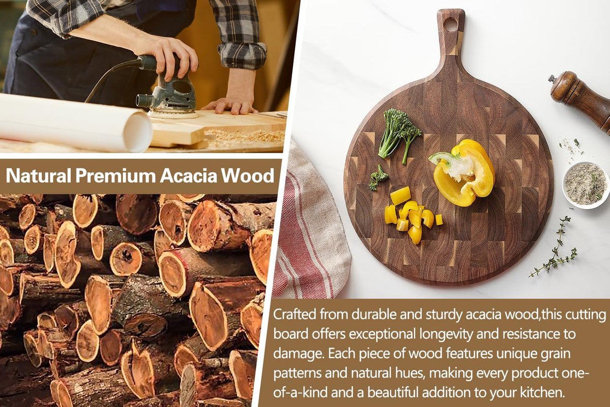 Ash Wood Cutting Board, End Grain Butcher Block for Kitchen, 13.8" x 9.8" x 1", Thick Wooden Chopping Board with Juice Groove, Non-Slip Feet & Side Handles