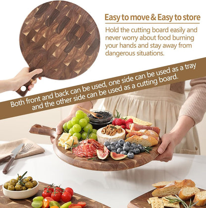 Ash Wood Cutting Board, End Grain Butcher Block for Kitchen, 13.8" x 9.8" x 1", Thick Wooden Chopping Board with Juice Groove, Non-Slip Feet & Side Handles