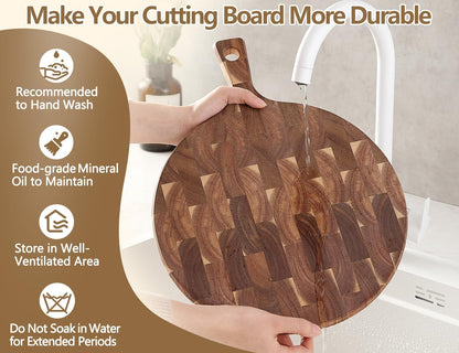 Ash Wood Cutting Board, End Grain Butcher Block for Kitchen, 13.8" x 9.8" x 1", Thick Wooden Chopping Board with Juice Groove, Non-Slip Feet & Side Handles
