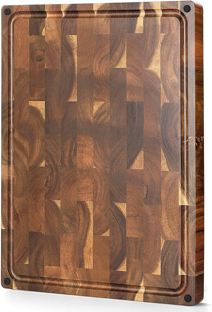Ash Wood Cutting Board, End Grain Butcher Block for Kitchen, 13.8" x 9.8" x 1", Thick Wooden Chopping Board with Juice Groove, Non-Slip Feet & Side Handles