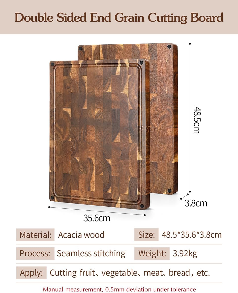 Ash Wood Cutting Board, End Grain Butcher Block for Kitchen, 13.8" x 9.8" x 1", Thick Wooden Chopping Board with Juice Groove, Non-Slip Feet & Side Handles