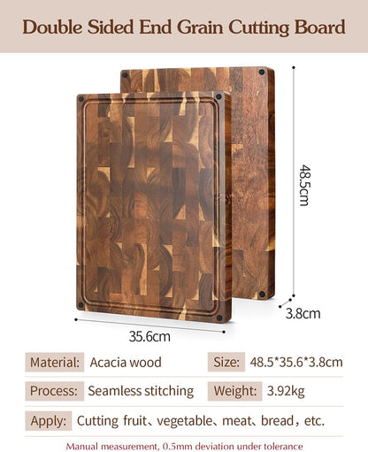 Ash Wood Cutting Board, End Grain Butcher Block for Kitchen, 13.8" x 9.8" x 1", Thick Wooden Chopping Board with Juice Groove, Non-Slip Feet & Side Handles