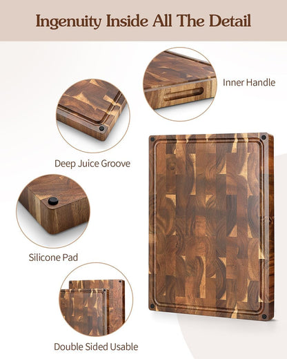 Ash Wood Cutting Board, End Grain Butcher Block for Kitchen, 13.8" x 9.8" x 1", Thick Wooden Chopping Board with Juice Groove, Non-Slip Feet & Side Handles