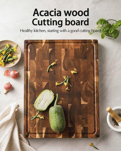 Ash Wood Cutting Board, End Grain Butcher Block for Kitchen, 13.8" x 9.8" x 1", Thick Wooden Chopping Board with Juice Groove, Non-Slip Feet & Side Handles