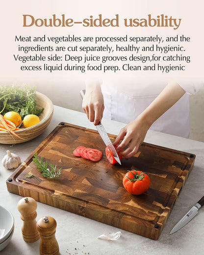 Ash Wood Cutting Board, End Grain Butcher Block for Kitchen, 13.8" x 9.8" x 1", Thick Wooden Chopping Board with Juice Groove, Non-Slip Feet & Side Handles