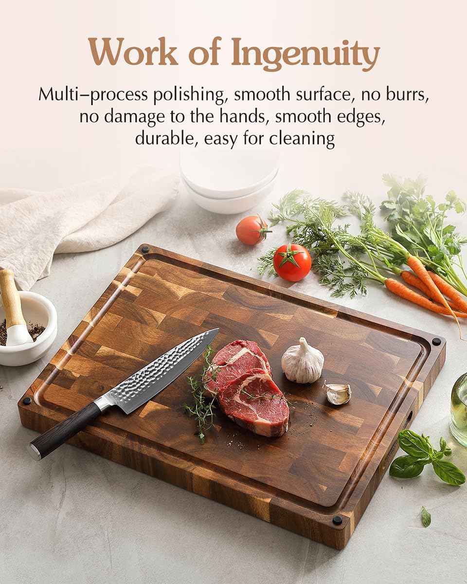 Ash Wood Cutting Board, End Grain Butcher Block for Kitchen, 13.8" x 9.8" x 1", Thick Wooden Chopping Board with Juice Groove, Non-Slip Feet & Side Handles