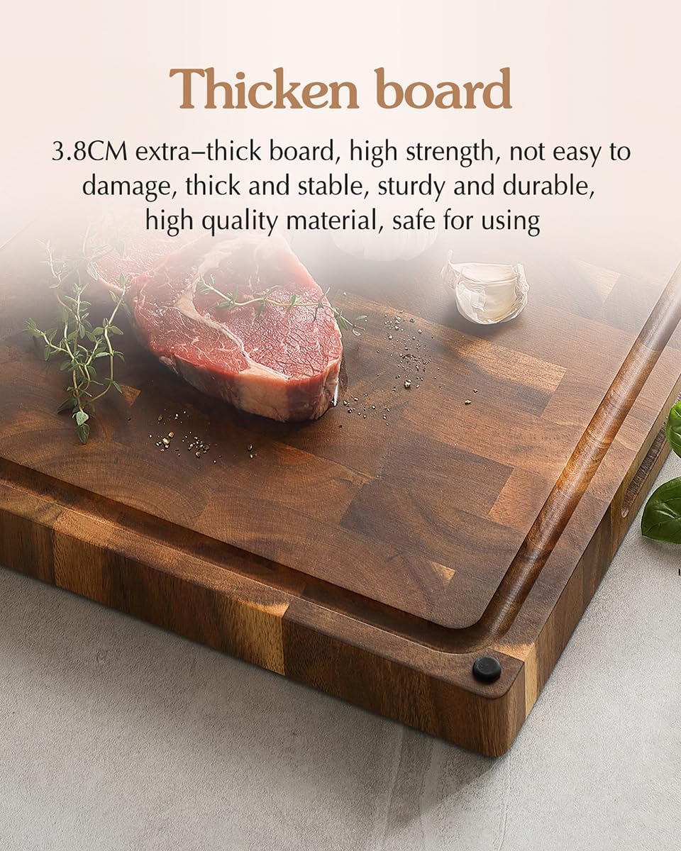 Ash Wood Cutting Board, End Grain Butcher Block for Kitchen, 13.8" x 9.8" x 1", Thick Wooden Chopping Board with Juice Groove, Non-Slip Feet & Side Handles