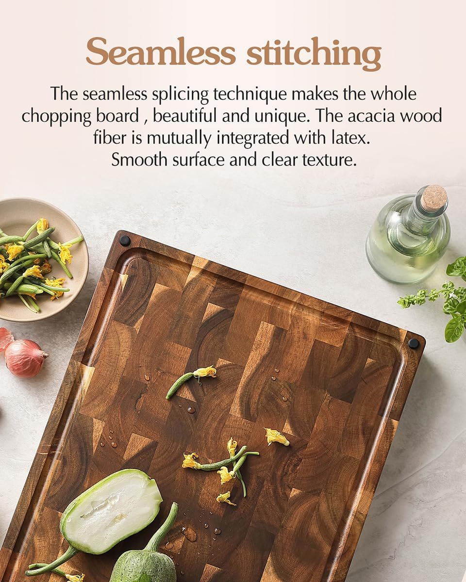 Ash Wood Cutting Board, End Grain Butcher Block for Kitchen, 13.8" x 9.8" x 1", Thick Wooden Chopping Board with Juice Groove, Non-Slip Feet & Side Handles