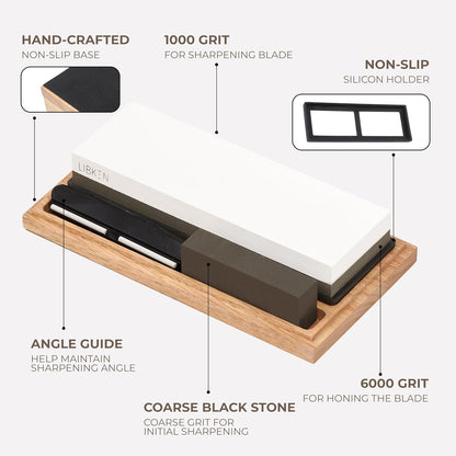Whetstone Knife Sharpening Stone Kit 1000/6000 Grit with Wooden Box – Wet Stone Sharpener Set for Kitchen Knives, BBQ, Hunting, Pocket, Scissor, Blade, Razor – Angle Guide & Flattening Stone