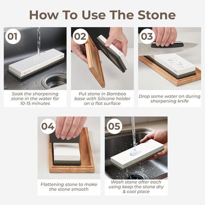 Whetstone Knife Sharpening Stone Kit 1000/6000 Grit with Wooden Box – Wet Stone Sharpener Set for Kitchen Knives, BBQ, Hunting, Pocket, Scissor, Blade, Razor – Angle Guide & Flattening Stone