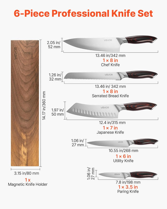 Kitchen Knife Set, 6 Piece High Carbon Stainless Steel Sharp Knife Set, Professional Kitchen Cutlery with Ergonomic Crack-Resistant Handle, and Walnut Finish Powerful Magnetic Knives Holder