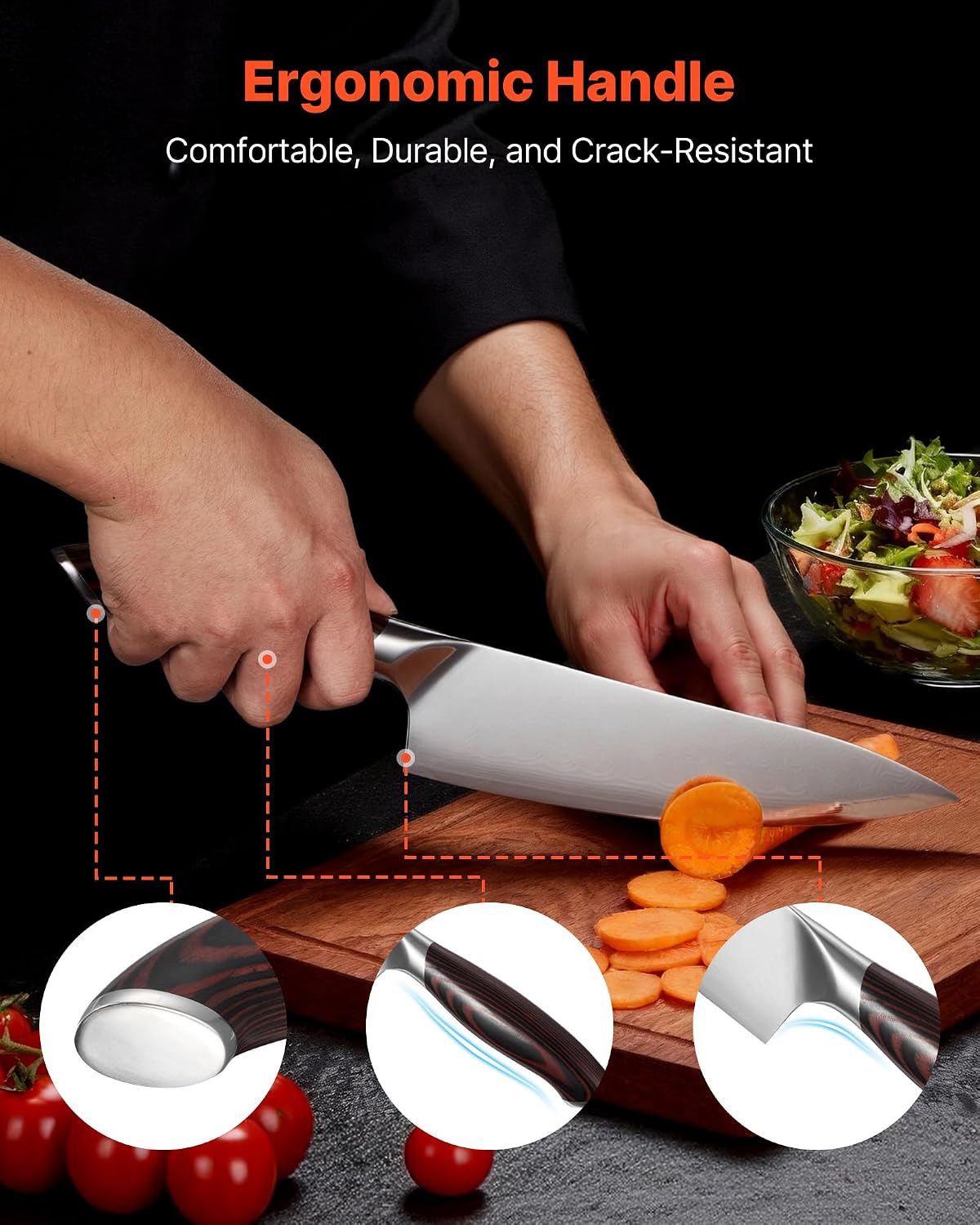 Kitchen Knife Set, 6 Piece High Carbon Stainless Steel Sharp Knife Set, Professional Kitchen Cutlery with Ergonomic Crack-Resistant Handle, and Walnut Finish Powerful Magnetic Knives Holder