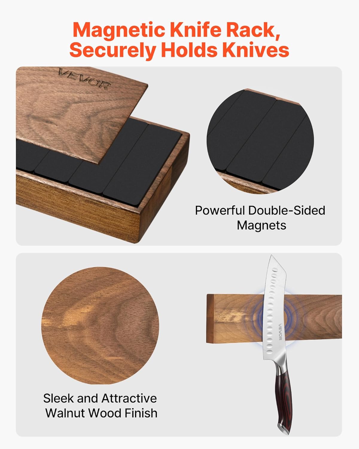 Kitchen Knife Set, 6 Piece High Carbon Stainless Steel Sharp Knife Set, Professional Kitchen Cutlery with Ergonomic Crack-Resistant Handle, and Walnut Finish Powerful Magnetic Knives Holder