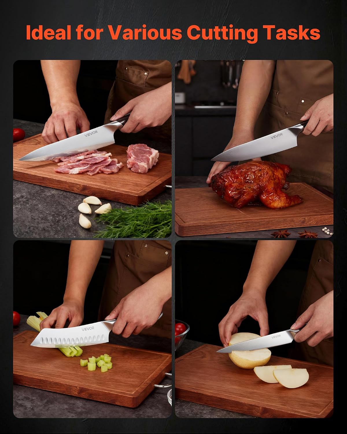 Kitchen Knife Set, 6 Piece High Carbon Stainless Steel Sharp Knife Set, Professional Kitchen Cutlery with Ergonomic Crack-Resistant Handle, and Walnut Finish Powerful Magnetic Knives Holder