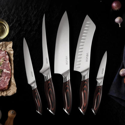 Kitchen Knife Set, 6 Piece High Carbon Stainless Steel Sharp Knife Set, Professional Kitchen Cutlery with Ergonomic Crack-Resistant Handle, and Walnut Finish Powerful Magnetic Knives Holder