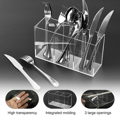 Cutlery Storage Organizer, Silverware Caddy with 3 Cavities Clear Silverware Holder Knife Fork and Spoon Organizer Tableware Storage Box for Kitchen Countertop Dining Room Home Office Desk Party Table