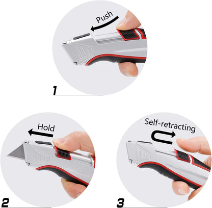 Self-Retracting Box Cutter with Holster & Belt Clip, Auto Retractable Safety Utility Knife with Total 10PCS SK5 blades, Aaluminum Shell with Rubber Grip, Sturdy & Strong